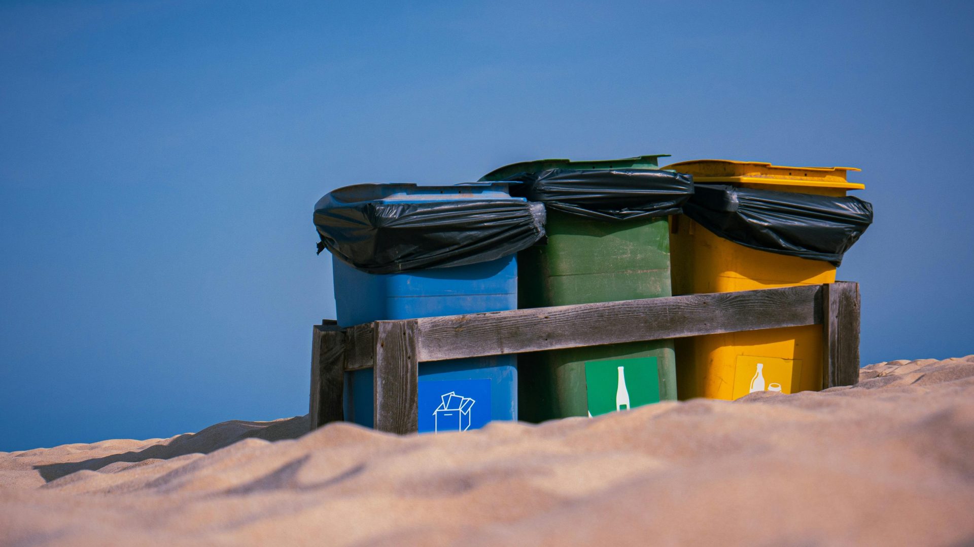 Des poubelles de recyclage colorées pour le tri des déchets sur une plage ensoleillée, favorisant la durabilité.